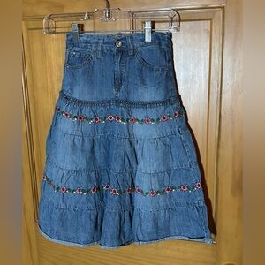 Blue Spice Girls Embroidered Tiered Denim Maxi Skirt Sz 6 Sequins Crystals Boho